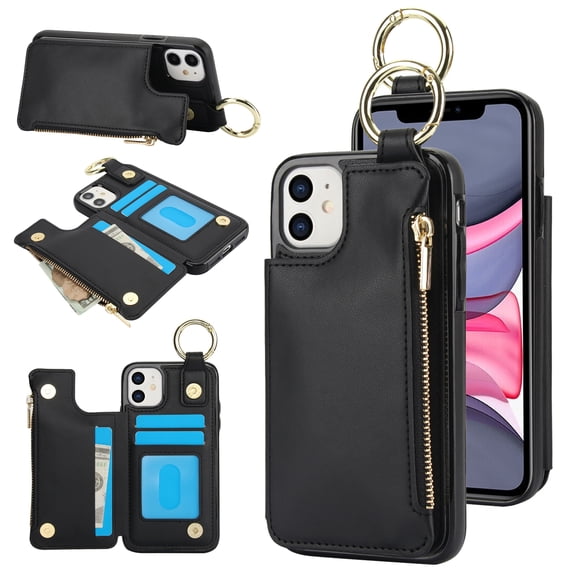 ELEHOLD Case for iPhone 14 Plus, Magnetic Closure Kickstand Zipper Wallet Case with 3 Card Slots & Ring Holder,Shockproof RFID Blocking Phone Case,Black