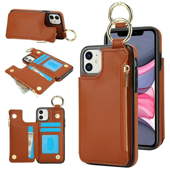 ELEHOLD Case for iPhone 14 Plus, Magnetic Closure Kickstand Zipper Wallet Case with 3 Card Slots & Ring Holder,Shockproof RFID Blocking Phone Case,Brown