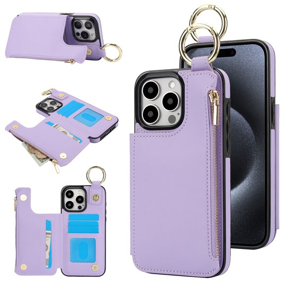 ELEHOLD Case for iPhone 15 Pro, Magnetic Closure Kickstand Zipper Wallet Case with 3 Card Slots & Ring Holder,Shockproof RFID Blocking Phone Case,Violet