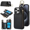 thumbnail image 1 of ELEHOLD Case for iPhone 15 Pro, Magnetic Closure Kickstand Zipper Wallet Case with 3 Card Slots & Ring Holder,Shockproof RFID Blocking Phone Case,Black, 1 of 8