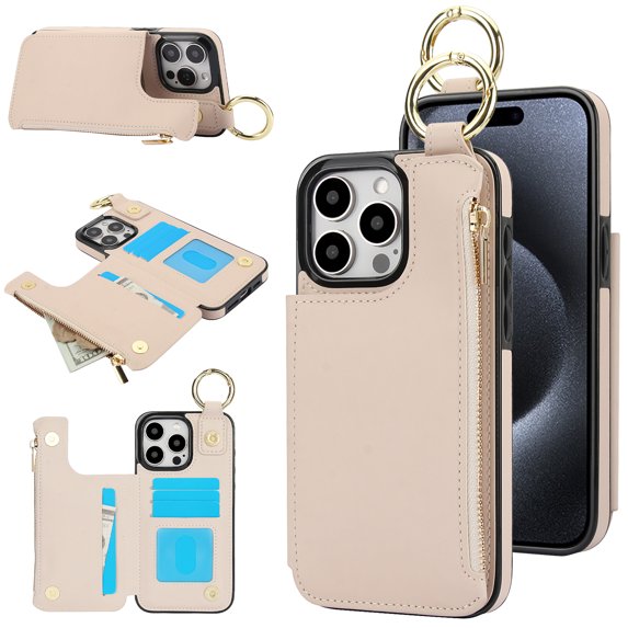 ELEHOLD Case for iPhone 15 Pro, Magnetic Closure Kickstand Zipper Wallet Case with 3 Card Slots & Ring Holder,Shockproof RFID Blocking Phone Case,White