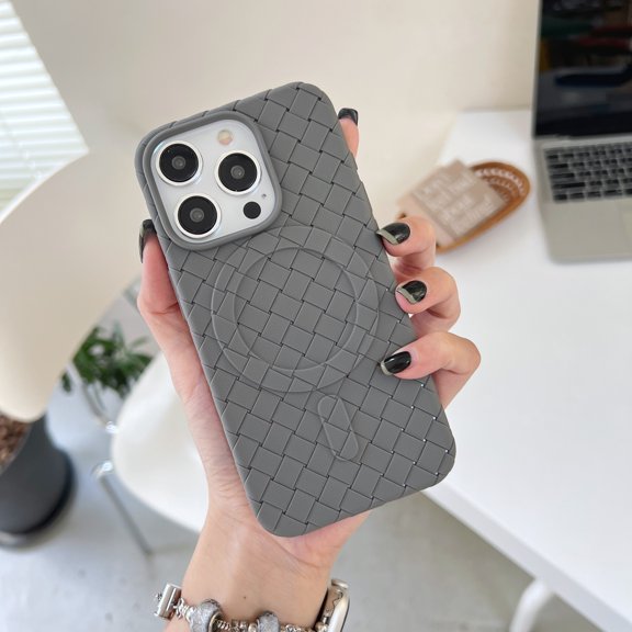 ELEHOLD Case for iPhone 15 Pro Max, Woven Texture Grid Slim Magnetic Shockproof Silicone Cover Compatible with MagSafe Wireless Charging Case for iPhone 15 Pro Max, Gray
