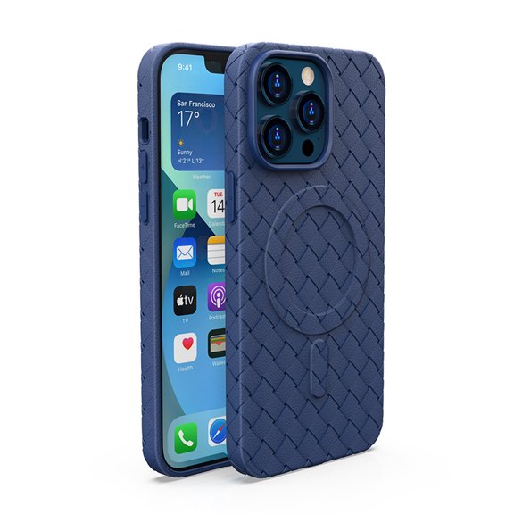 ELEHOLD Case for iPhone 15 Pro,Woven Texture Grid Slim Magnetic Shockproof Silicone Cover Compatible with MagSafe Wireless Charging Case for iPhone 15 Pro , Blue