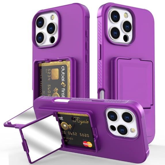 ELEHOLD Case for iPhone 16 with Mirror, Built-in Cash Slot, Rugged Plastic Shell Protective Kickstand Mirror Heavy Duty Shockproof Wallet Case Cover for iPhone 16,Darkpurple