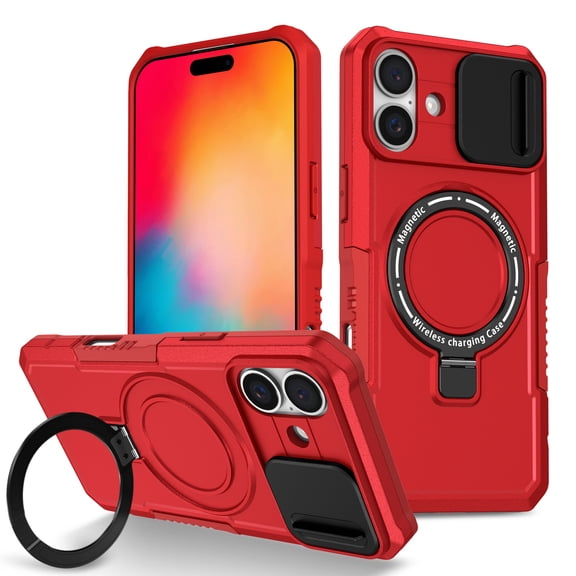 ELEHOLD Case for iPhone 16 Plus, Graded Drop Protection Magnetic Case with Hidden Kickstand & Camera Cover, Compatible with MagSafe Accessory& Wireless Charging,Red