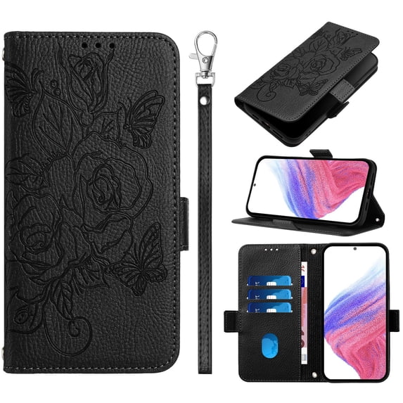 ELEHOLD Case for iPhone 16 Plus, RFID Blocking Crossbody Wallet Case, Floral PU Leather Flip Cover with Card Slots & Shoulder Strap & Wrist Lanyard,Black