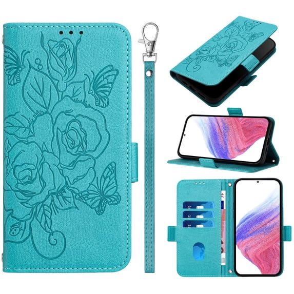 ELEHOLD Case for iPhone 16 Plus, RFID Blocking Crossbody Wallet Case, Floral PU Leather Flip Cover with Card Slots & Shoulder Strap & Wrist Lanyard,Blue