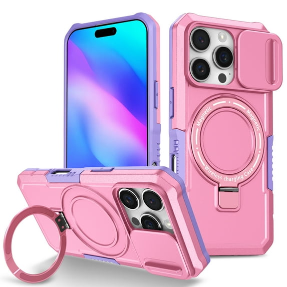 ELEHOLD Case for iPhone 16 Pro, Graded Drop Protection Magnetic Case with Hidden Kickstand & Camera Cover, Compatible with MagSafe Accessory& Wireless Charging,Pink