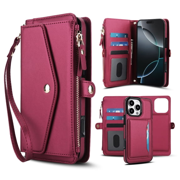 ELEHOLD Case for iPhone 16 Pro Max, Detachable Magnetic Zipper Leather Wallet Case with RFID Blocking, Card Holder & Cash Slot, Wrist & Crossbody Strap,Red