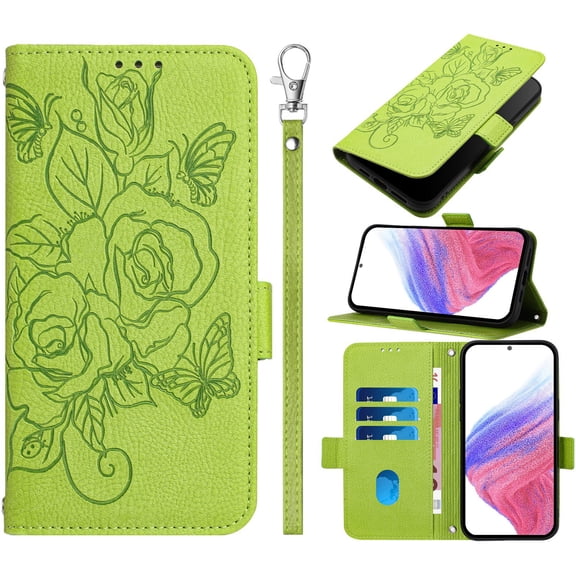 ELEHOLD Case for iPhone 16 Pro, RFID Blocking Crossbody Wallet Case, Floral PU Leather Flip Cover with Card Slots & Shoulder Strap & Wrist Lanyard,Green