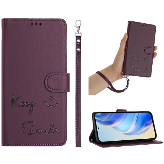 ELEHOLD Case for iPhone 16 Pro, RFID Blocking Wallet Case with Crossbody Strap & Wristlet, PU Leather Flip Cover with Kickstand & Card Slots,Darkpurple