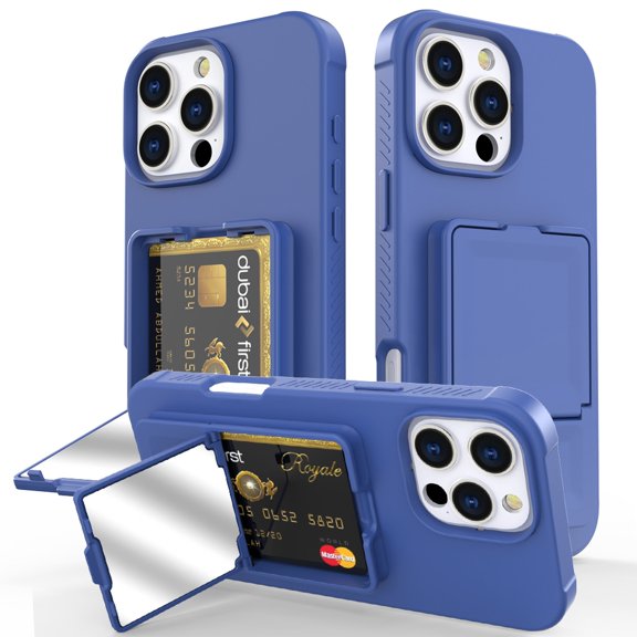 ELEHOLD Case for iPhone 16e with Mirror, Built-in Cash Slot, Rugged Plastic Shell Protective Kickstand Mirror Heavy Duty Shockproof Wallet Case Cover for iPhone 16e,Blue