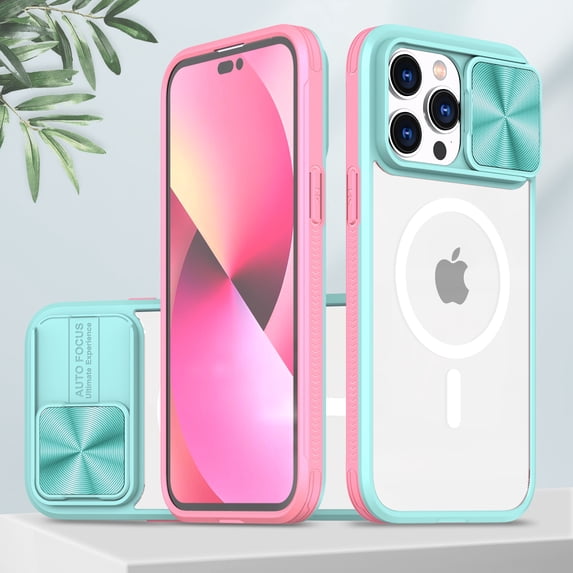 ELEHOLD Clear Acrylic Case for iPhone 14 Pro Crystal Transparent Sliding Lens Cover Anti-Yellowing Anti-Fingerprint Shockproof Case Compatible with MagSafe (6.1 inch),Skyblue