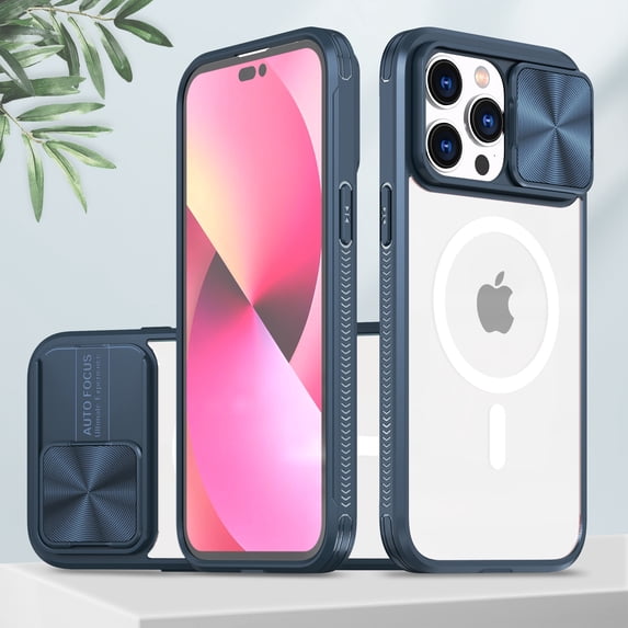 ELEHOLD Clear Acrylic Case for iPhone 14 Pro Crystal Transparent Sliding Lens Cover Anti-Yellowing Anti-Fingerprint Shockproof Case Compatible with MagSafe (6.1 inch),Navyblue
