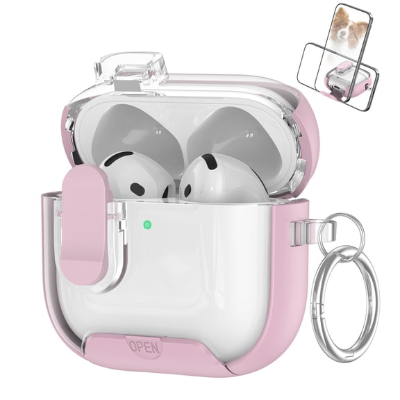 ELEHOLD Clear AirPods Case For Airpods 4th Gen with Kickstand, Shockproof Protective Magnetic Locking Wireless Charging Transparent Hard Shell Cover with Keychain Ring , Pink