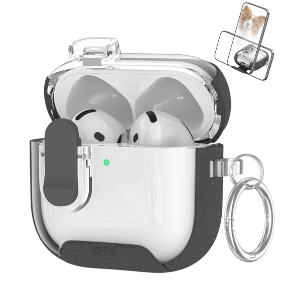 ELEHOLD Clear AirPods Case For Airpods 4th Gen with Kickstand, Shockproof Protective Magnetic Locking Wireless Charging Transparent Hard Shell Cover with Keychain Ring , Gray