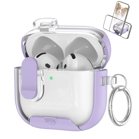 ELEHOLD Clear AirPods Case For Airpods 4th Gen with Kickstand, Shockproof Protective Magnetic Locking Wireless Charging Transparent Hard Shell Cover with Keychain Ring , Purple