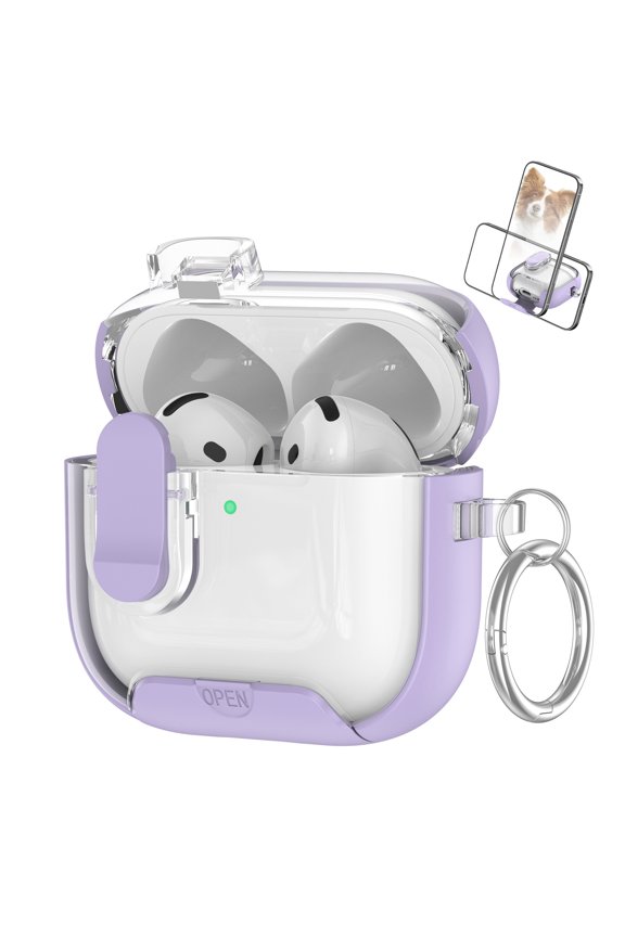 Clear AirPods Case For Airpods 4th Gen with Kickstand, Shockproof Protective Magnetic Locking Wireless Charging Transparent Hard Shell Cover with Keychain Ring , Purple
