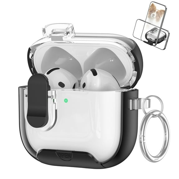 ELEHOLD Clear AirPods Case For Airpods 4th Gen with Kickstand, Shockproof Protective Magnetic Locking Wireless Charging Transparent Hard Shell Cover with Keychain Ring , Black