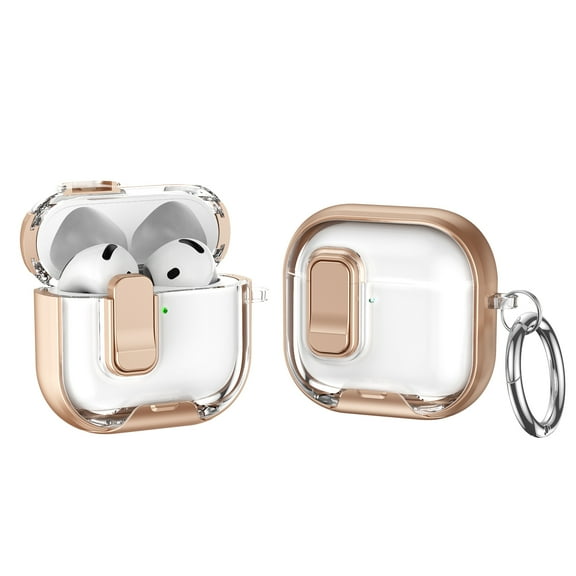 ELEHOLD Clear Case For Airpods 4th Gen,Shockproof Slim Automatic Snap Switch Stand Bracket Secure Lock Charging Case with Metal Keychain For Airpods 4th Gen,Gold