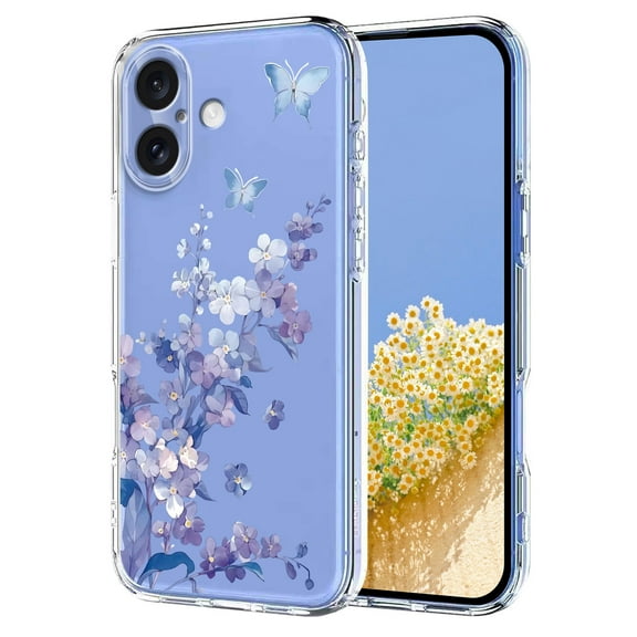 ELEHOLD Clear Case For Apple iPhone 17 ,Shockproof Flexible Lightweight Floral Pattern Soft TPU Back Protective Case Cover For Apple iPhone 17,Purple