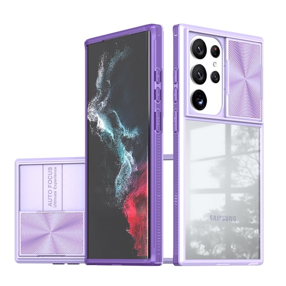ELEHOLD Clear Case for Samsung Galaxy S22 Ultra Crystal Transparent Acrylic Sliding Camera Lens Protection Non-Yellowing Anti-Fingerprint Shockproof Slim Thin Case 6.8 inch,Purple