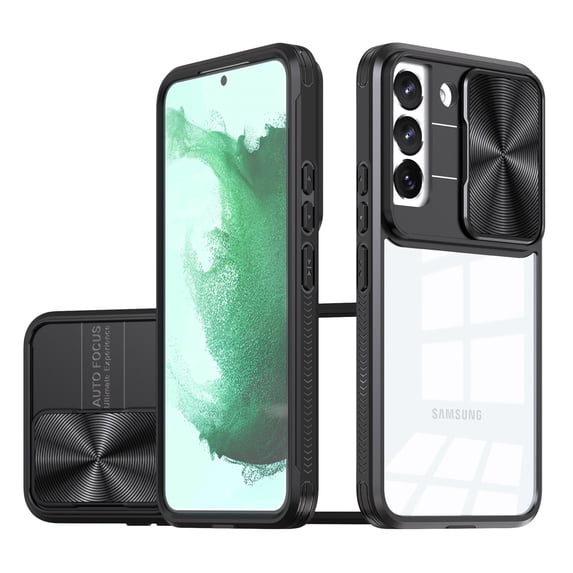 ELEHOLD Clear Case for Samsung Galaxy S23 Crystal Transparent Acrylic Sliding Camera Lens Protection Non-Yellowing Anti-Fingerprint Shockproof Slim Thin Case 6.1 inch,Black