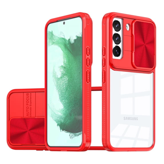 ELEHOLD Clear Case for Samsung Galaxy S23 Plus Crystal Transparent Acrylic Sliding Camera Lens Protection Non-Yellowing Anti-Fingerprint Shockproof Slim Thin Case 6.6 inch,Red