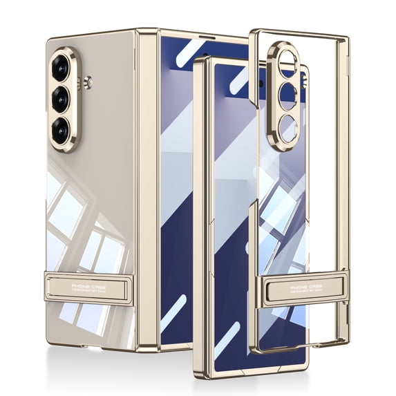 ELEHOLD Clear Case for Samsung Galaxy Z Fold 7 2025, Luxury Plating Foldable Kickstand Rugged Shock-Absorbent Magnetic Hinge Protective Cover Case with HD Tempered Glass ,Gold