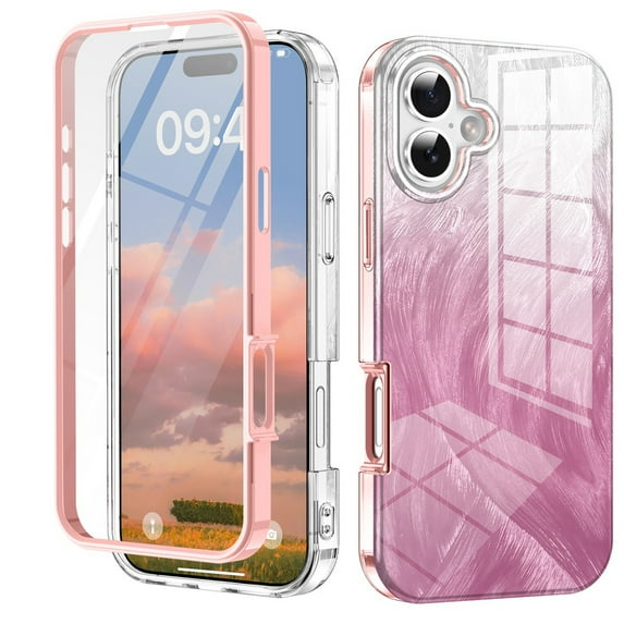 ELEHOLD Clear Case for iPhone 16 Plus, Full Body Rugged Case Built with Screen Protector,Soft TPU Bumper Gradient Feather Design Case,Pink
