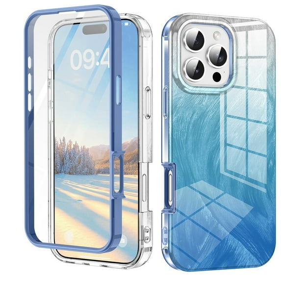 ELEHOLD Clear Case for iPhone 16 Pro, Full Body Rugged Case Built with Screen Protector,Soft TPU Bumper Gradient Feather Design Case,Blue