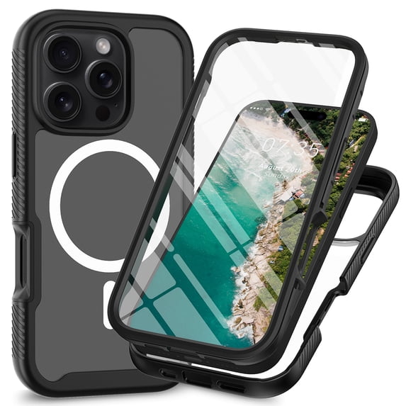 ELEHOLD Clear Case for iPhone 16 Pro Max, Hard PC Back 3in1 Shockproof Rugged Magnetic Case with Screen Protector,Black