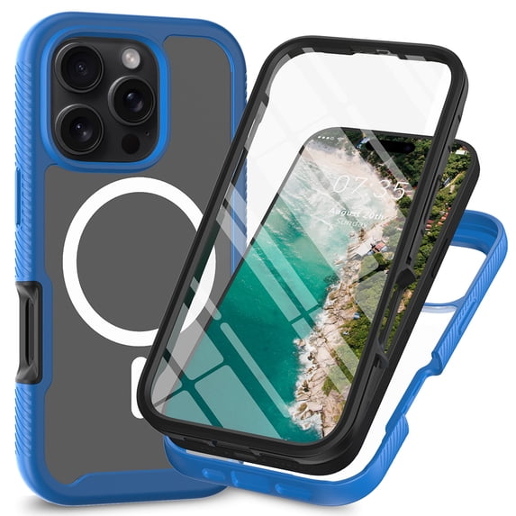 ELEHOLD Clear Case for iPhone 16 Pro Max, Hard PC Back 3in1 Shockproof Rugged Magnetic Case with Screen Protector,Darkblue