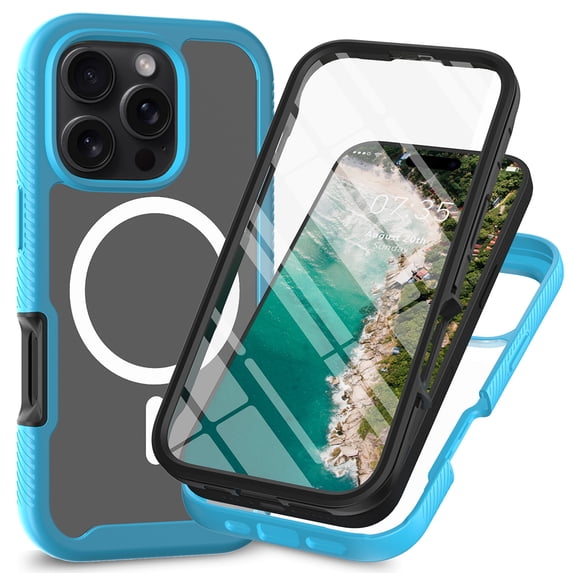 ELEHOLD Clear Case for iPhone 16 Pro Max, Hard PC Back 3in1 Shockproof Rugged Magnetic Case with Screen Protector,Lightblue