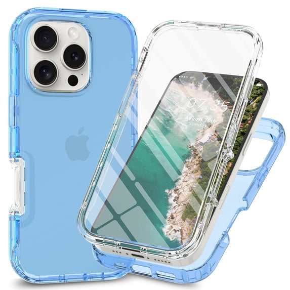 ELEHOLD Clear Case for iPhone 16 Pro, Shockproof Full Body Rugged Case with PC Front Cover,Blue