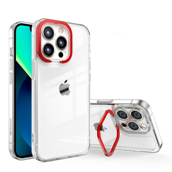 ELEHOLD Clear Case for iPhone 13 Pro Max 6.7 inch Crystal Transparent Slim Thin Case with Invisible Bracket Kickstand Function Anti-Yellowing Shockproof Soft Case,Red