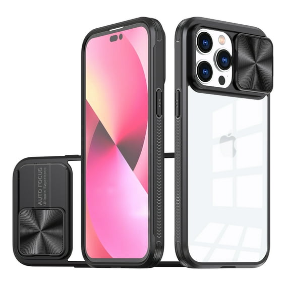 ELEHOLD Clear Case for iPhone 14 Pro Max Crystal Transparent Acrylic Sliding Camera Lens Protection Non-Yellowing Anti-Fingerprint Shockproof Slim Thin Case 6.7 inch,Black