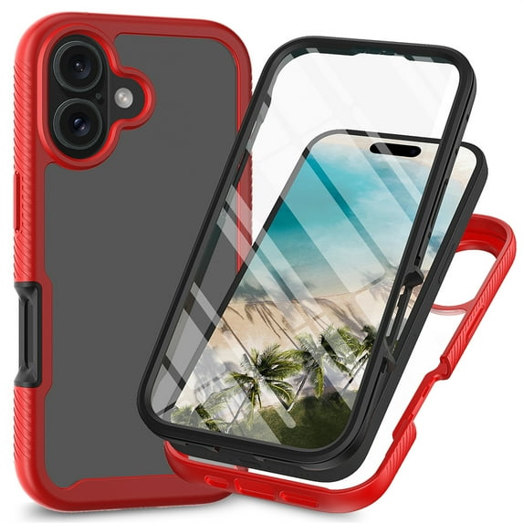 ELEHOLD Clear Case for iPhone 16, Built in Screen Protector Protective Front Case Rugged Clear Back Shell Shockproof Scratch-Resistant Non-Yellowing Case for iPhone 16, Red