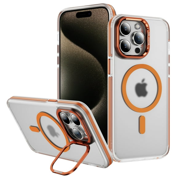 ELEHOLD Clear Frosted Rugged Case For iPhone 16 Pro Max Magnetic Shockproof Cover, MagSafe Compatible, Skin-Friendly, With Metal Lens Protection Frame Kickstand, Orange