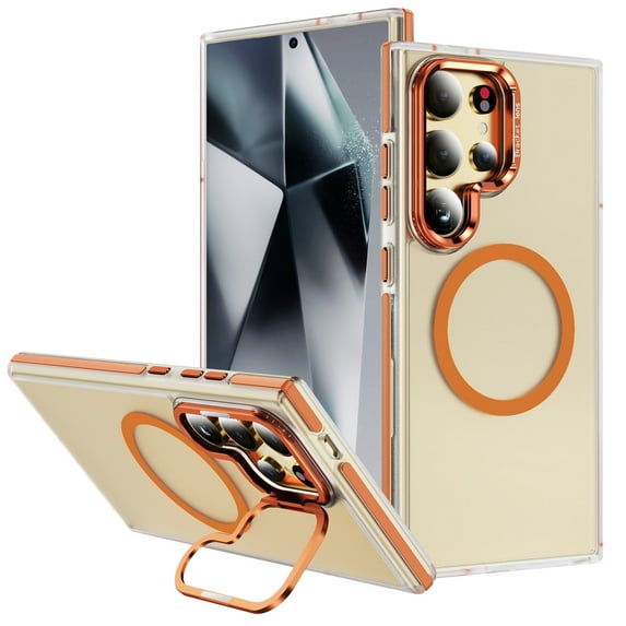 ELEHOLD Clear Frosted Rugged Case For Samsung Galaxy A15 Magnetic Shockproof Cover, MagSafe Compatible, Skin-Friendly, With Metal Lens Protection Frame Kickstand, Orange