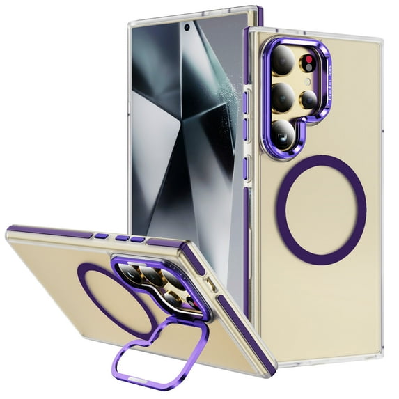 ELEHOLD Clear Frosted Rugged Case For Samsung Galaxy S23 Ultra Magnetic Shockproof Cover, MagSafe Compatible, Skin-Friendly, With Metal Lens Protection Frame Kickstand, Purple