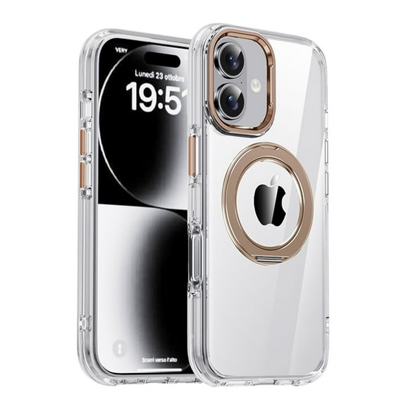 ELEHOLD Clear Magnetic Case for Apple iPhone 17, Compatible with Mag-Safe Accessories,Shockproof 360° Rotatable Ring Holder Kickstand Rugged Protection Translucent Case ,Gold