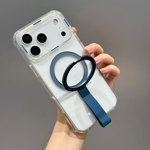 ELEHOLD Clear Magnetic Case For Apple iPhone 17 Shock-Absorbent Anti-Scratch PC+TPU Ring Kickstand Rugged Clear Case With Grip Strap,Blue