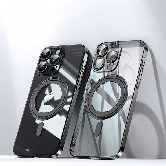 ELEHOLD Clear Magnetic Case for iPhone 15 Pro,Crystal Clear Anti-Yellowing Case with 360° Rotation Ring Stand Bracket Non-Slip Shockproof Anti-Scratch Case for iPhone 15 Pro 6.1",Black