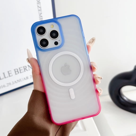 ELEHOLD Clear Magnetic Case For iPhone 16 Pro Dual Color Water Ripples Design SHockproof Rugged Cover, Compatible with Magsafe, [Yellow Resistant] Slim Thin Protective Case, Dark Blue + Rose