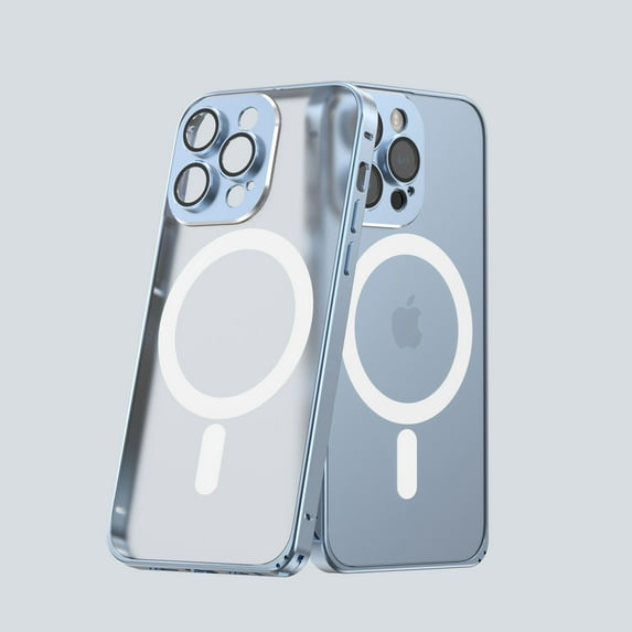 ELEHOLD Clear Magnetic Metal Case for iPhone 14 Pro 6.1 inch.Compatible for MagSafe Feature, with Camera Lens Protector and Safety Lock Metal Aluminum Alloy Bumper Matte Translucent Back Cover, Silver