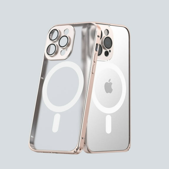 ELEHOLD Clear Magnetic Metal Case for iPhone 14Pro Max 6.7 inch.Compatible for MagSafe Feature, with Camera Lens Protector and Safety Lock Metal Aluminum Alloy Bumper Matte Translucent Back Case,Gold
