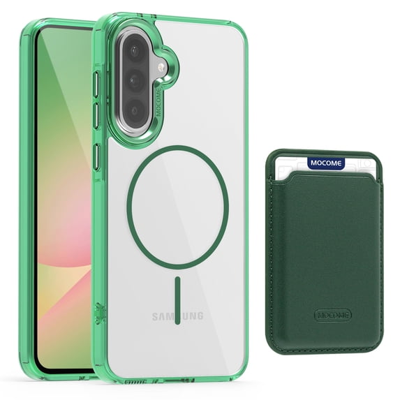 ELEHOLD Clear Magnetic Wallet Case For Samsung Galaxy A16 5G , Mag Safe Compatible Transparent Hard PC + TPU Back Shockproof Protection Case Cover with Magnetic Card Holder ,Green