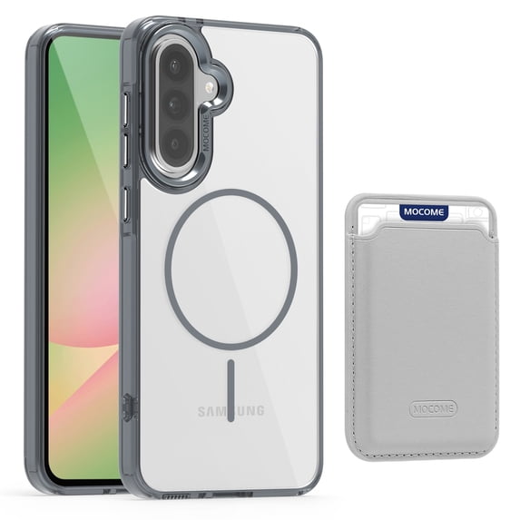 ELEHOLD Clear Magnetic Wallet Case For Samsung Galaxy A35 , Mag Safe Compatible Transparent Hard PC + TPU Back Shockproof Protection Case Cover with Magnetic Card Holder ,Gray