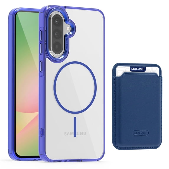 ELEHOLD Clear Magnetic Wallet Case For Samsung Galaxy A36 5G , Mag Safe Compatible Transparent Hard PC + TPU Back Shockproof Protection Case Cover with Magnetic Card Holder ,Darkblue